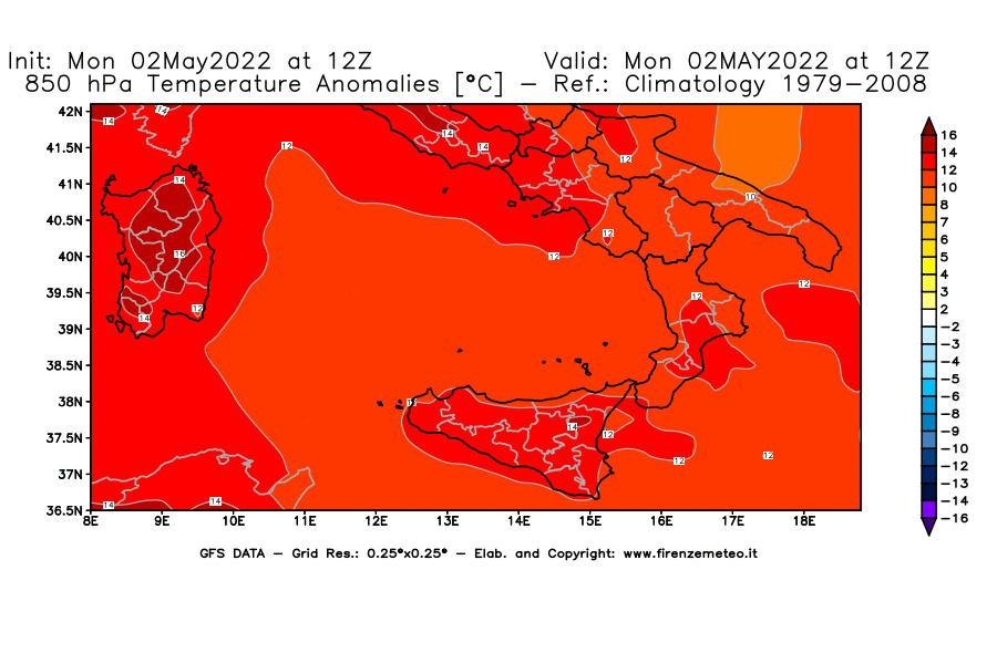 Mappa di analisi GFS - Anomalia Temperatura [°C] a 850 hPa in Sud-Italia
									del 02/05/2022 12 <!--googleoff: index-->UTC<!--googleon: index-->