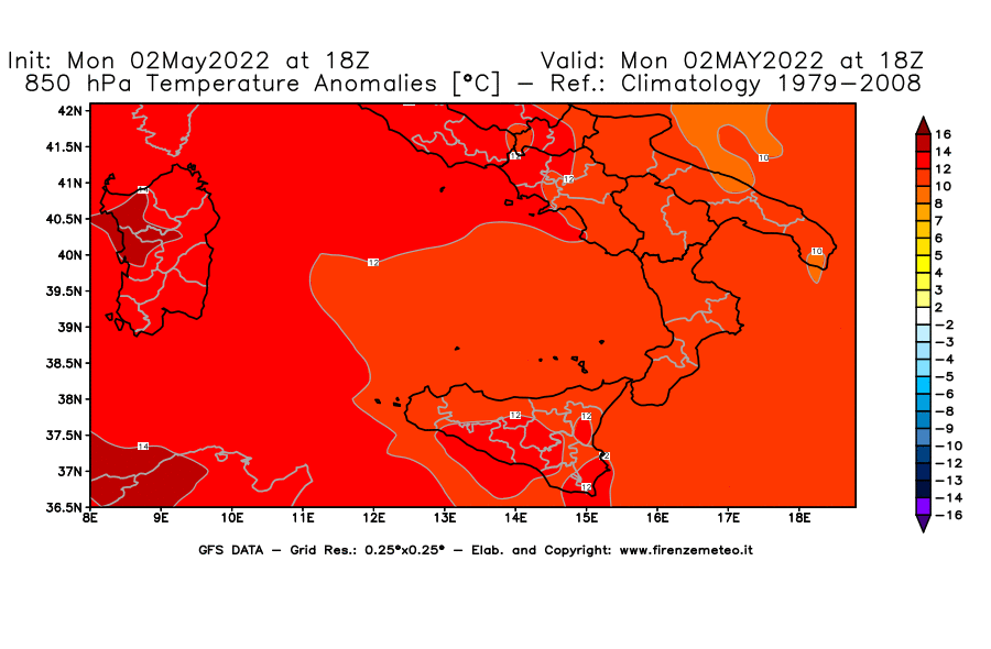 Mappa di analisi GFS - Anomalia Temperatura [°C] a 850 hPa in Sud-Italia
									del 02/05/2022 18 <!--googleoff: index-->UTC<!--googleon: index-->