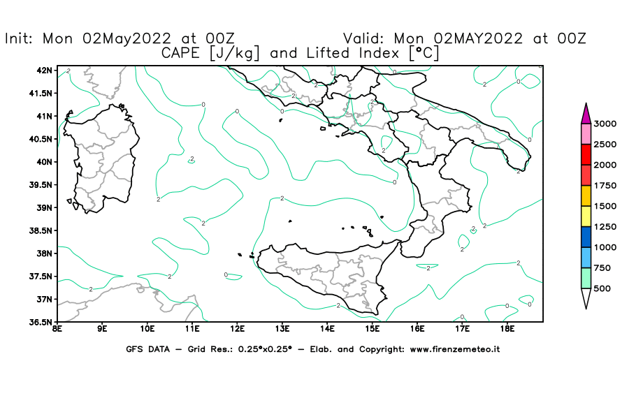 Mappa di analisi GFS - CAPE [J/kg] e Lifted Index [°C] in Sud-Italia
									del 02/05/2022 00 <!--googleoff: index-->UTC<!--googleon: index-->