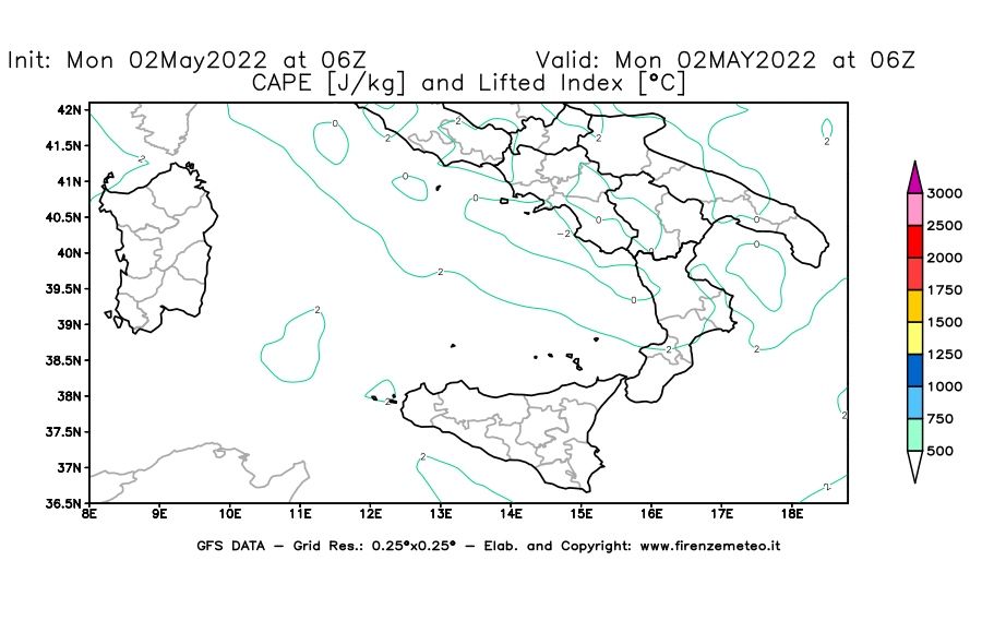 Mappa di analisi GFS - CAPE [J/kg] e Lifted Index [°C] in Sud-Italia
									del 02/05/2022 06 <!--googleoff: index-->UTC<!--googleon: index-->
