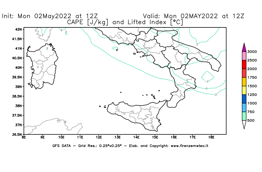 Mappa di analisi GFS - CAPE [J/kg] e Lifted Index [°C] in Sud-Italia
									del 02/05/2022 12 <!--googleoff: index-->UTC<!--googleon: index-->