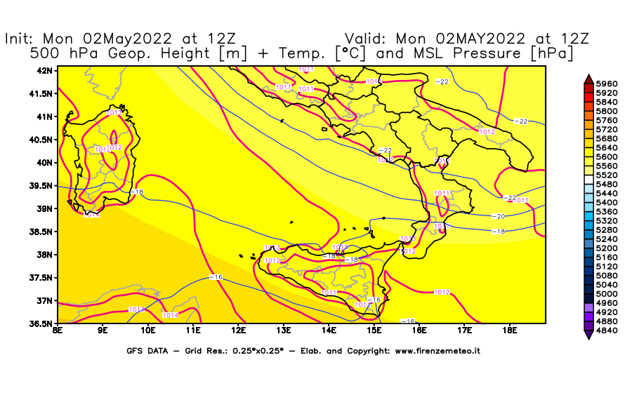 Mappa di analisi GFS - Geopotenziale [m] + Temp. [°C] a 500 hPa + Press. a livello del mare [hPa] in Sud-Italia
									del 02/05/2022 12 <!--googleoff: index-->UTC<!--googleon: index-->