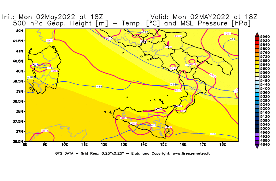 Mappa di analisi GFS - Geopotenziale [m] + Temp. [°C] a 500 hPa + Press. a livello del mare [hPa] in Sud-Italia
									del 02/05/2022 18 <!--googleoff: index-->UTC<!--googleon: index-->