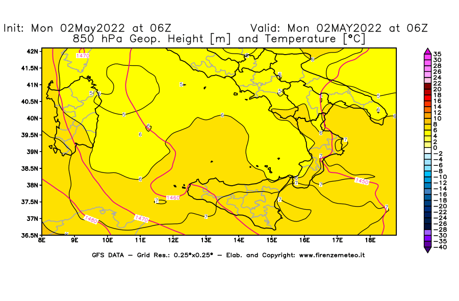 Mappa di analisi GFS - Geopotenziale [m] e Temperatura [°C] a 850 hPa in Sud-Italia
									del 02/05/2022 06 <!--googleoff: index-->UTC<!--googleon: index-->