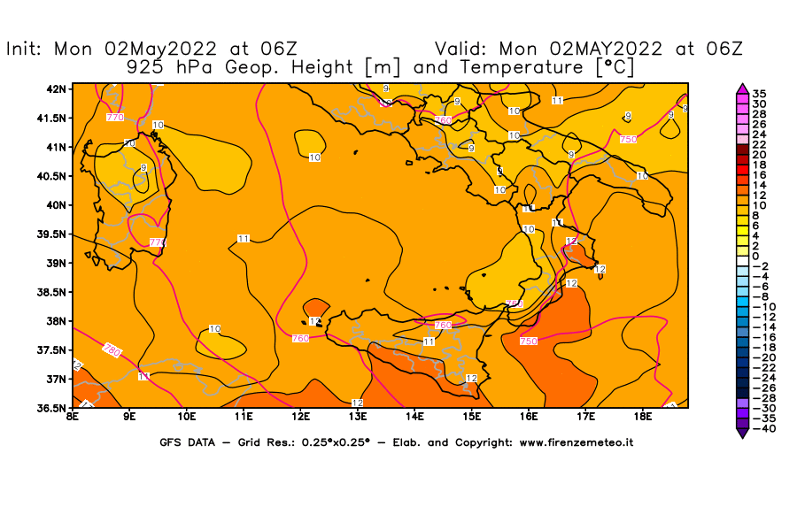 Mappa di analisi GFS - Geopotenziale [m] e Temperatura [°C] a 925 hPa in Sud-Italia
									del 02/05/2022 06 <!--googleoff: index-->UTC<!--googleon: index-->