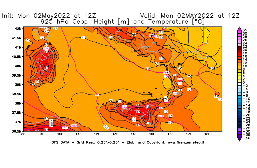 Mappa di analisi GFS - Geopotenziale [m] e Temperatura [°C] a 925 hPa in Sud-Italia
									del 02/05/2022 12 <!--googleoff: index-->UTC<!--googleon: index-->