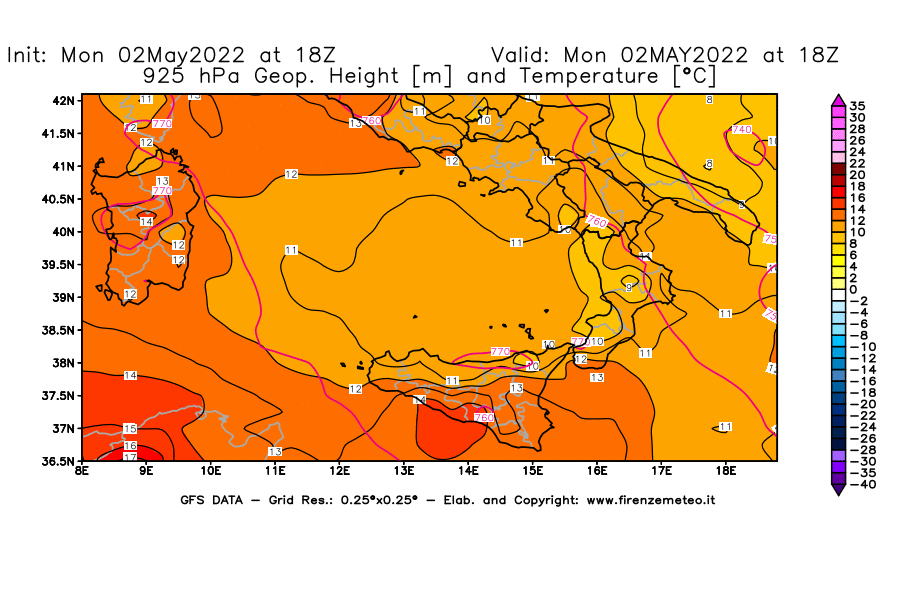 Mappa di analisi GFS - Geopotenziale [m] e Temperatura [°C] a 925 hPa in Sud-Italia
									del 02/05/2022 18 <!--googleoff: index-->UTC<!--googleon: index-->