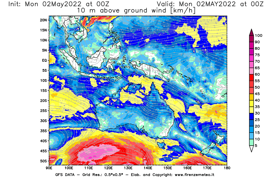 Mappa di analisi GFS - Velocità del vento a 10 metri dal suolo [km/h] in Oceania
									del 02/05/2022 00 <!--googleoff: index-->UTC<!--googleon: index-->