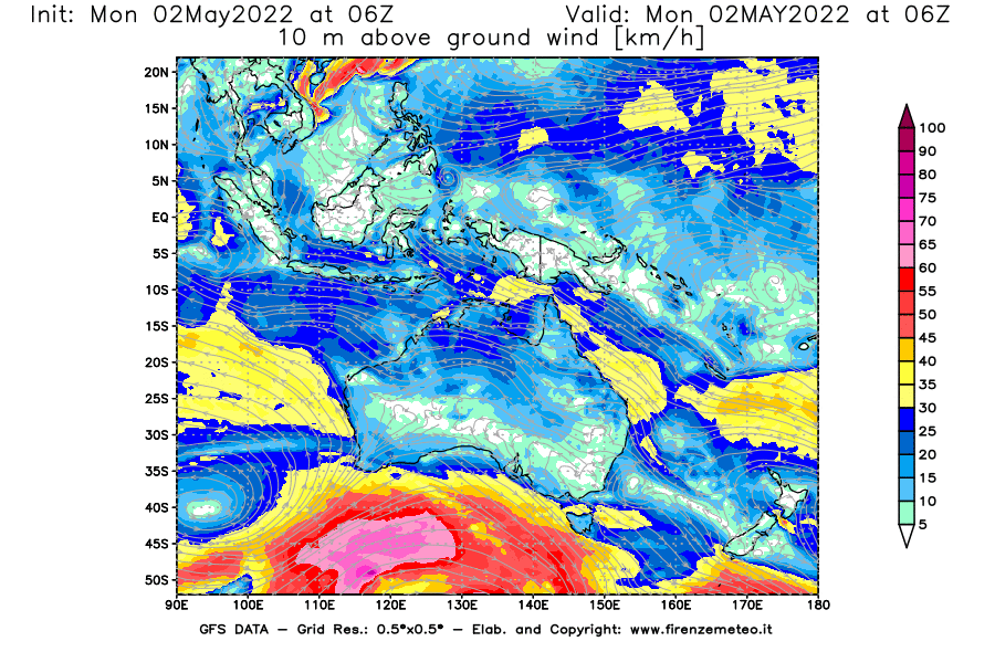 Mappa di analisi GFS - Velocità del vento a 10 metri dal suolo [km/h] in Oceania
									del 02/05/2022 06 <!--googleoff: index-->UTC<!--googleon: index-->