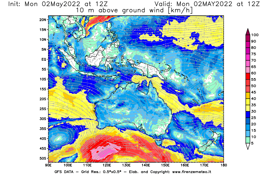 Mappa di analisi GFS - Velocità del vento a 10 metri dal suolo [km/h] in Oceania
									del 02/05/2022 12 <!--googleoff: index-->UTC<!--googleon: index-->