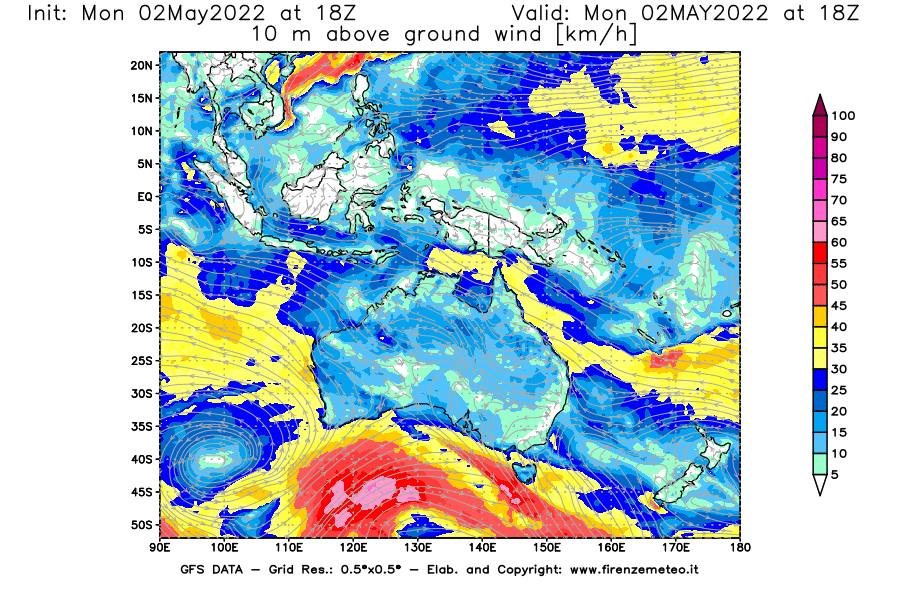 Mappa di analisi GFS - Velocità del vento a 10 metri dal suolo [km/h] in Oceania
									del 02/05/2022 18 <!--googleoff: index-->UTC<!--googleon: index-->