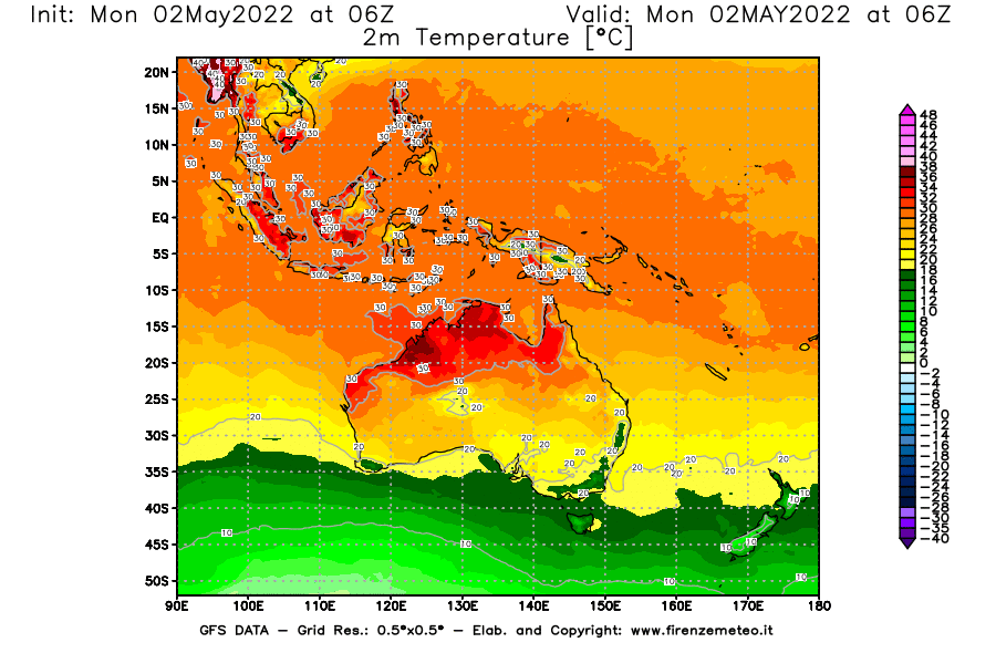 Mappa di analisi GFS - Temperatura a 2 metri dal suolo [°C] in Oceania
									del 02/05/2022 06 <!--googleoff: index-->UTC<!--googleon: index-->