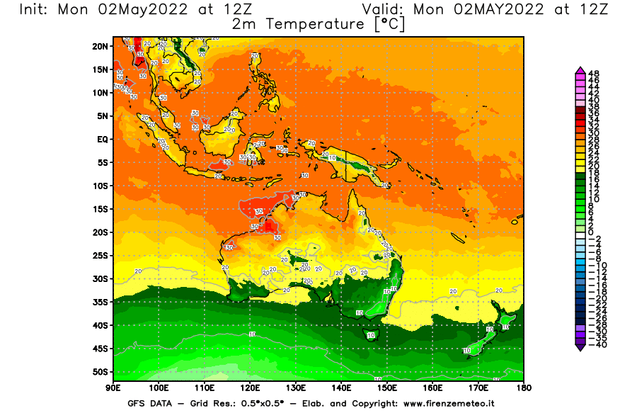 Mappa di analisi GFS - Temperatura a 2 metri dal suolo [°C] in Oceania
									del 02/05/2022 12 <!--googleoff: index-->UTC<!--googleon: index-->