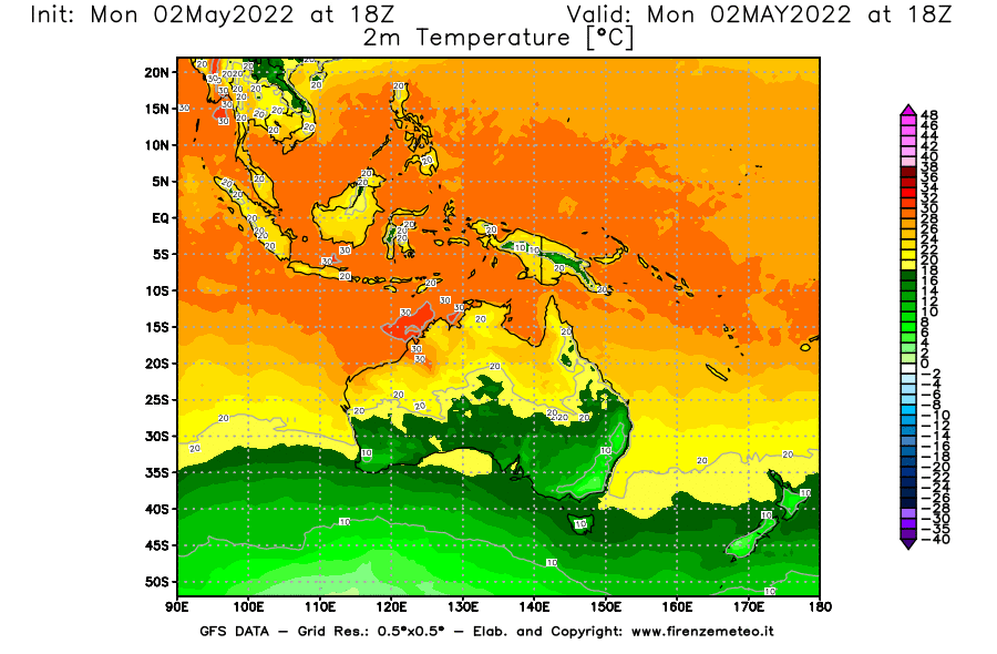 Mappa di analisi GFS - Temperatura a 2 metri dal suolo [°C] in Oceania
									del 02/05/2022 18 <!--googleoff: index-->UTC<!--googleon: index-->