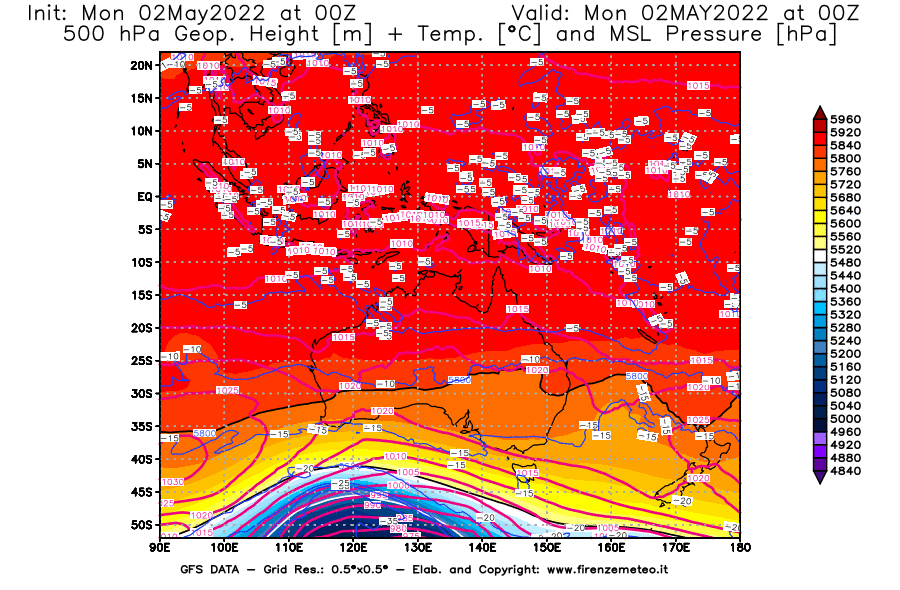 Mappa di analisi GFS - Geopotenziale [m] + Temp. [°C] a 500 hPa + Press. a livello del mare [hPa] in Oceania
									del 02/05/2022 00 <!--googleoff: index-->UTC<!--googleon: index-->
