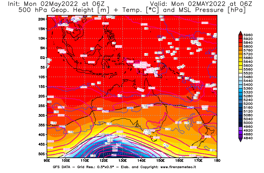 Mappa di analisi GFS - Geopotenziale [m] + Temp. [°C] a 500 hPa + Press. a livello del mare [hPa] in Oceania
									del 02/05/2022 06 <!--googleoff: index-->UTC<!--googleon: index-->