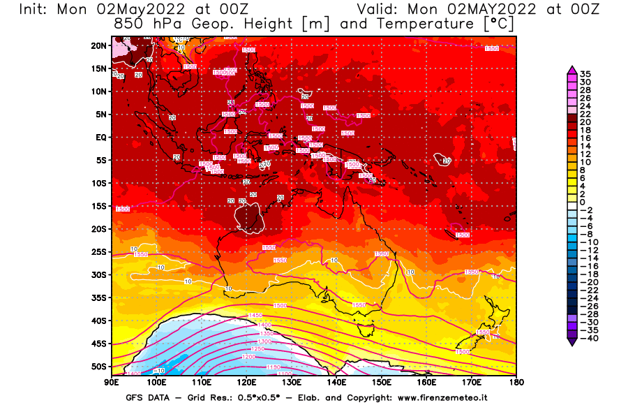 Mappa di analisi GFS - Geopotenziale [m] e Temperatura [°C] a 850 hPa in Oceania
									del 02/05/2022 00 <!--googleoff: index-->UTC<!--googleon: index-->