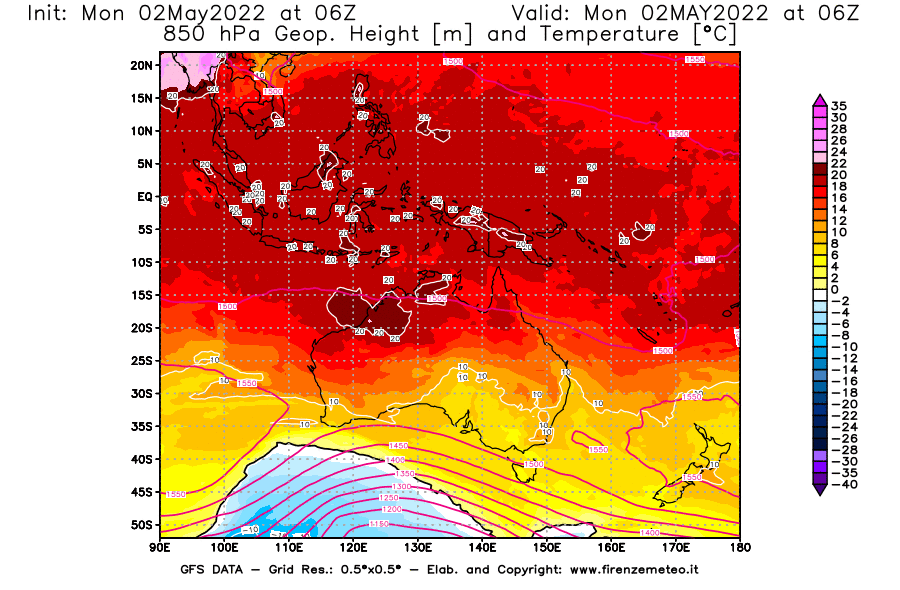 Mappa di analisi GFS - Geopotenziale [m] e Temperatura [°C] a 850 hPa in Oceania
									del 02/05/2022 06 <!--googleoff: index-->UTC<!--googleon: index-->