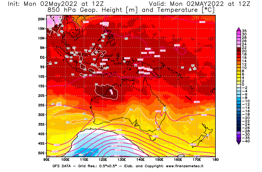 Mappa di analisi GFS - Geopotenziale [m] e Temperatura [°C] a 850 hPa in Oceania
									del 02/05/2022 12 <!--googleoff: index-->UTC<!--googleon: index-->
