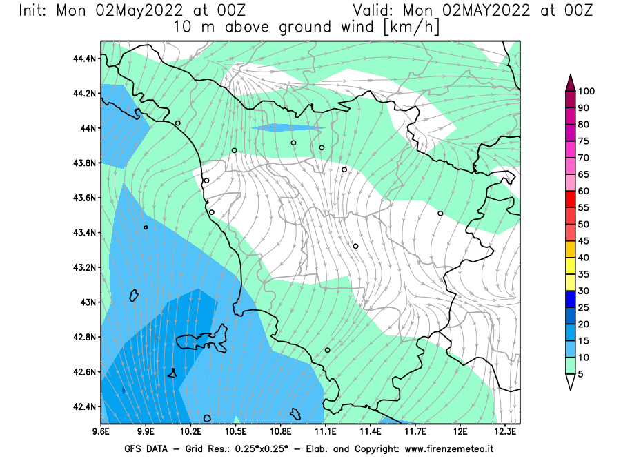 Mappa di analisi GFS - Velocità del vento a 10 metri dal suolo [km/h] in Toscana
									del 02/05/2022 00 <!--googleoff: index-->UTC<!--googleon: index-->