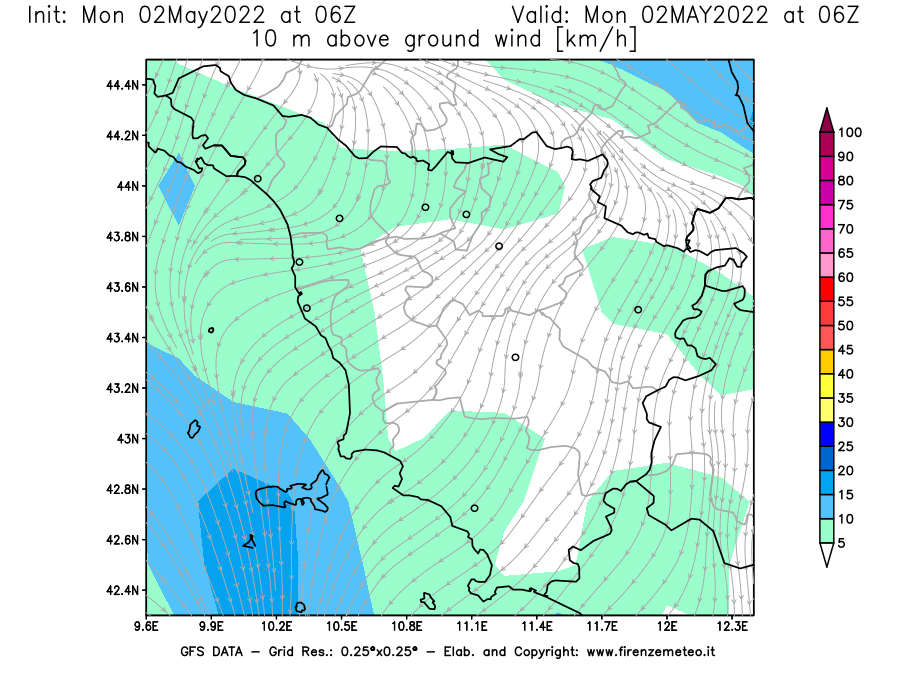 Mappa di analisi GFS - Velocità del vento a 10 metri dal suolo [km/h] in Toscana
									del 02/05/2022 06 <!--googleoff: index-->UTC<!--googleon: index-->