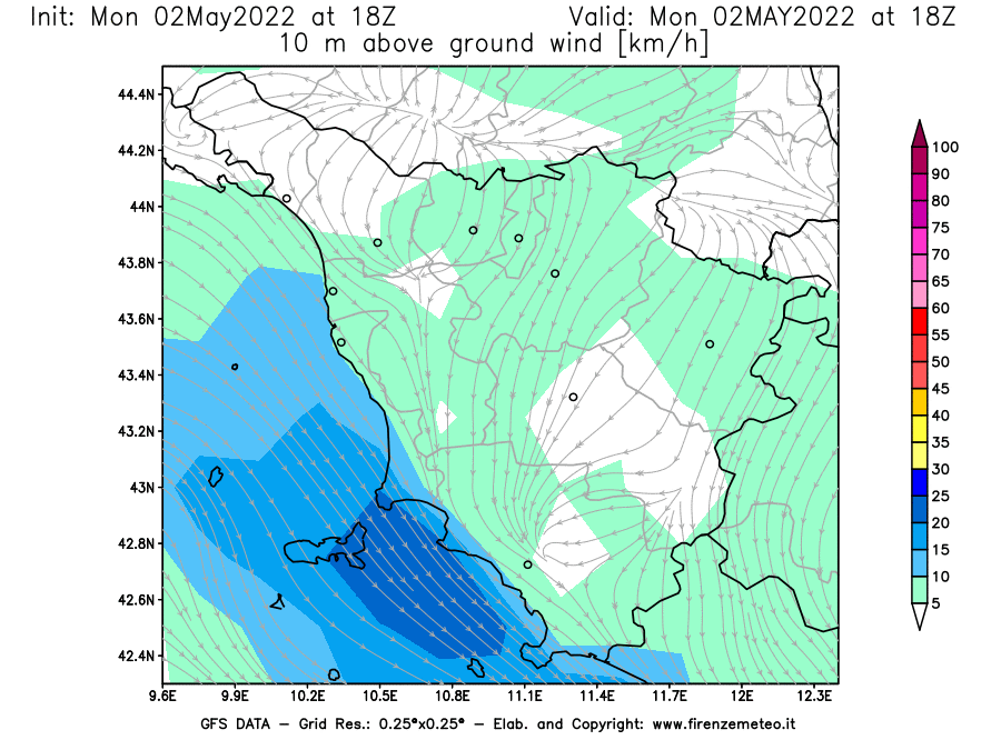 Mappa di analisi GFS - Velocità del vento a 10 metri dal suolo [km/h] in Toscana
									del 02/05/2022 18 <!--googleoff: index-->UTC<!--googleon: index-->