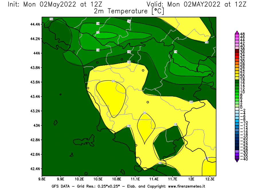 Mappa di analisi GFS - Temperatura a 2 metri dal suolo [°C] in Toscana
									del 02/05/2022 12 <!--googleoff: index-->UTC<!--googleon: index-->