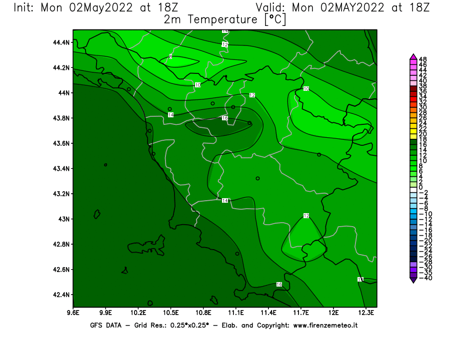 Mappa di analisi GFS - Temperatura a 2 metri dal suolo [°C] in Toscana
									del 02/05/2022 18 <!--googleoff: index-->UTC<!--googleon: index-->