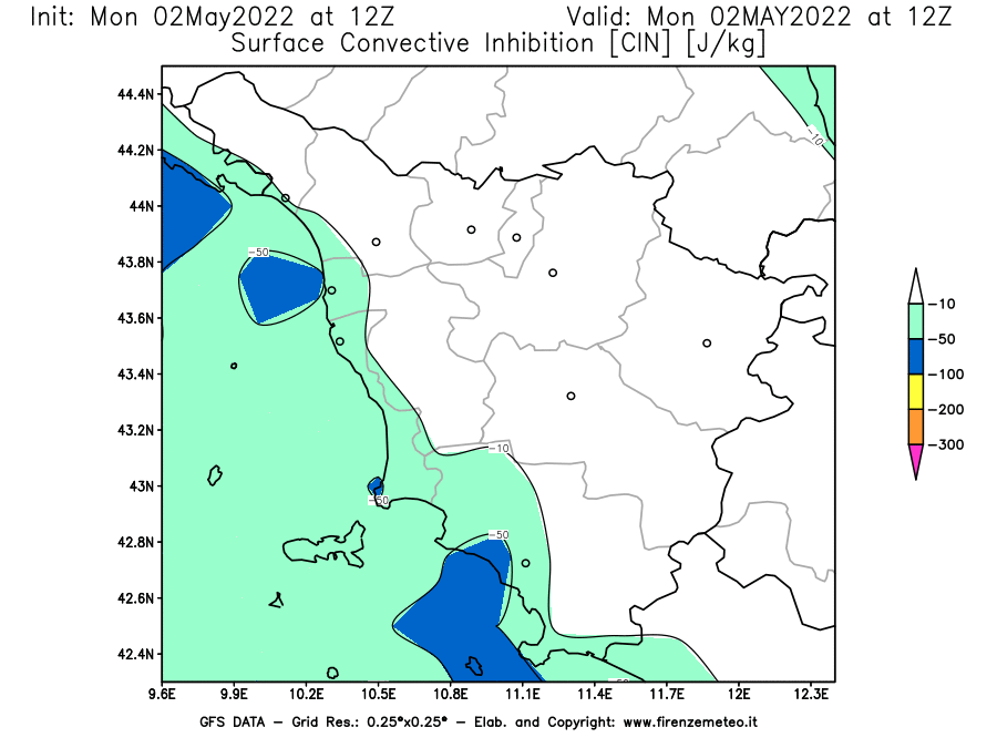 Mappa di analisi GFS - CIN [J/kg] in Toscana
									del 02/05/2022 12 <!--googleoff: index-->UTC<!--googleon: index-->