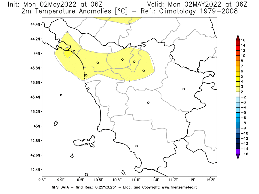 Mappa di analisi GFS - Anomalia Temperatura [°C] a 2 m in Toscana
									del 02/05/2022 06 <!--googleoff: index-->UTC<!--googleon: index-->