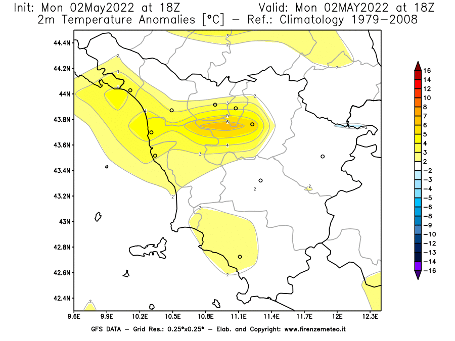 Mappa di analisi GFS - Anomalia Temperatura [°C] a 2 m in Toscana
									del 02/05/2022 18 <!--googleoff: index-->UTC<!--googleon: index-->