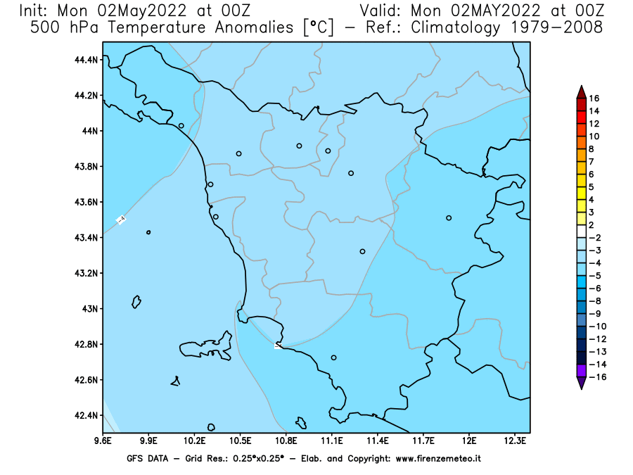 Mappa di analisi GFS - Anomalia Temperatura [°C] a 500 hPa in Toscana
									del 02/05/2022 00 <!--googleoff: index-->UTC<!--googleon: index-->