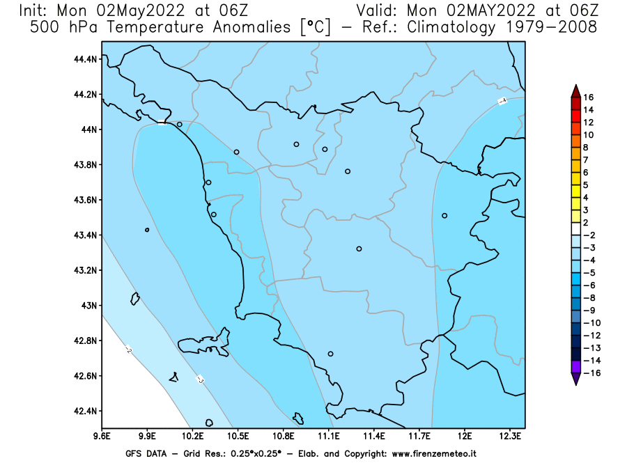Mappa di analisi GFS - Anomalia Temperatura [°C] a 500 hPa in Toscana
									del 02/05/2022 06 <!--googleoff: index-->UTC<!--googleon: index-->