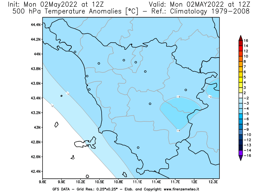 Mappa di analisi GFS - Anomalia Temperatura [°C] a 500 hPa in Toscana
									del 02/05/2022 12 <!--googleoff: index-->UTC<!--googleon: index-->
