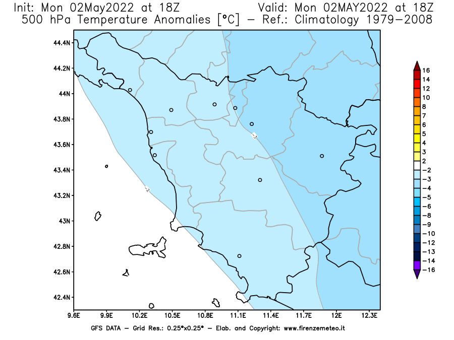 Mappa di analisi GFS - Anomalia Temperatura [°C] a 500 hPa in Toscana
									del 02/05/2022 18 <!--googleoff: index-->UTC<!--googleon: index-->