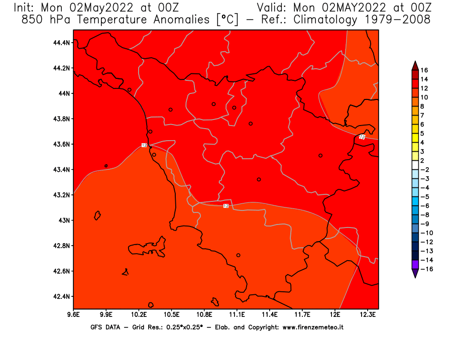 Mappa di analisi GFS - Anomalia Temperatura [°C] a 850 hPa in Toscana
									del 02/05/2022 00 <!--googleoff: index-->UTC<!--googleon: index-->