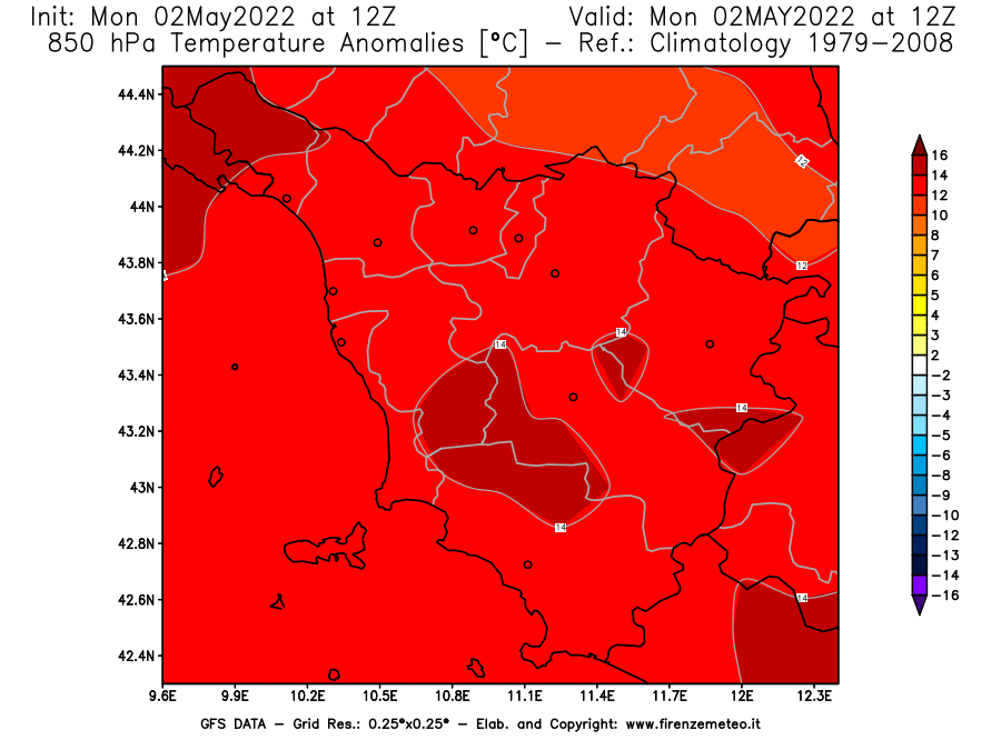Mappa di analisi GFS - Anomalia Temperatura [°C] a 850 hPa in Toscana
									del 02/05/2022 12 <!--googleoff: index-->UTC<!--googleon: index-->