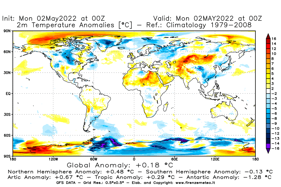 Mappa di analisi GFS - Anomalia Temperatura [°C] a 2 m in World
									del 02/05/2022 00 <!--googleoff: index-->UTC<!--googleon: index-->