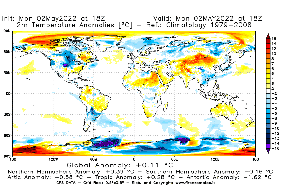 Mappa di analisi GFS - Anomalia Temperatura [°C] a 2 m in World
									del 02/05/2022 18 <!--googleoff: index-->UTC<!--googleon: index-->