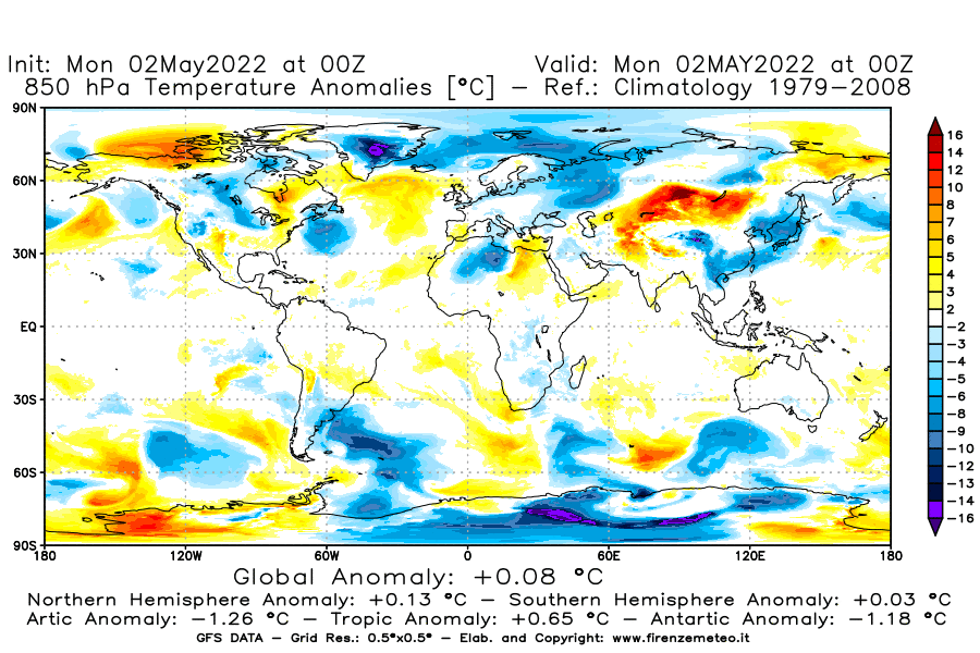 Mappa di analisi GFS - Anomalia Temperatura [°C] a 850 hPa in World
									del 02/05/2022 00 <!--googleoff: index-->UTC<!--googleon: index-->