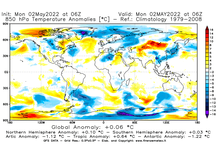 Mappa di analisi GFS - Anomalia Temperatura [°C] a 850 hPa in World
									del 02/05/2022 06 <!--googleoff: index-->UTC<!--googleon: index-->
