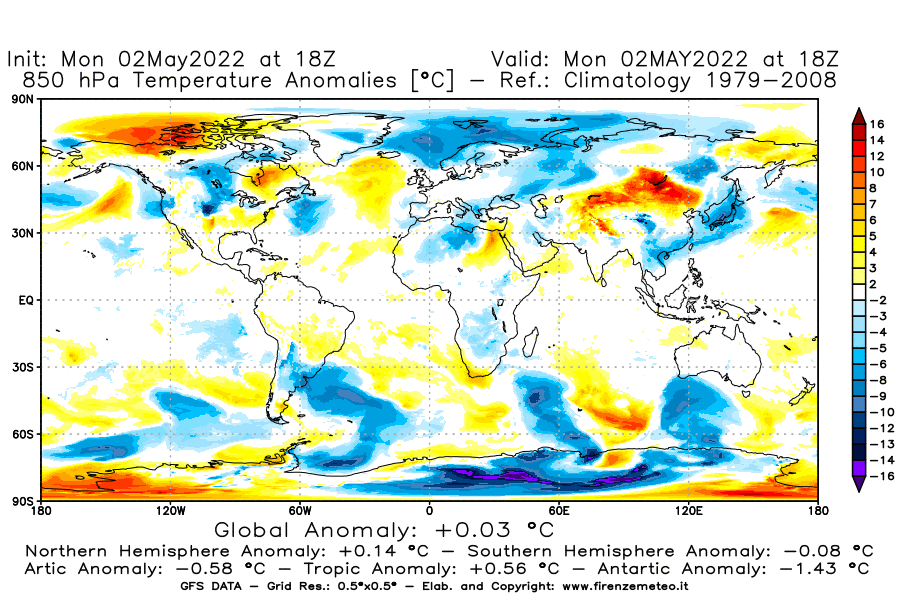 Mappa di analisi GFS - Anomalia Temperatura [°C] a 850 hPa in World
									del 02/05/2022 18 <!--googleoff: index-->UTC<!--googleon: index-->