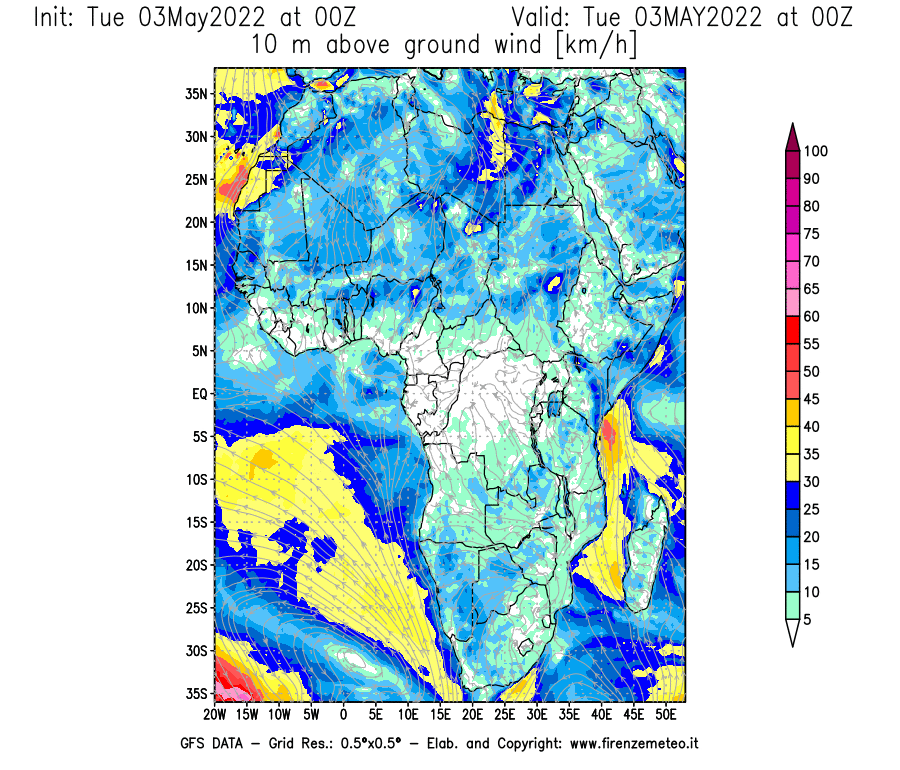 Mappa di analisi GFS - Velocità del vento a 10 metri dal suolo [km/h] in Africa
									del 03/05/2022 00 <!--googleoff: index-->UTC<!--googleon: index-->