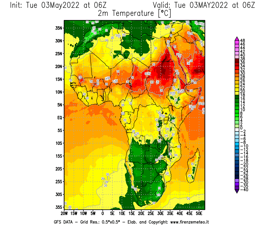 Mappa di analisi GFS - Temperatura a 2 metri dal suolo [°C] in Africa
									del 03/05/2022 06 <!--googleoff: index-->UTC<!--googleon: index-->