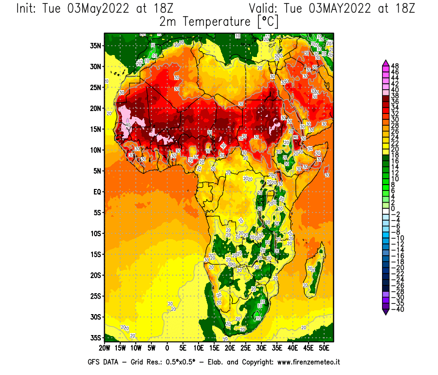 Mappa di analisi GFS - Temperatura a 2 metri dal suolo [°C] in Africa
									del 03/05/2022 18 <!--googleoff: index-->UTC<!--googleon: index-->