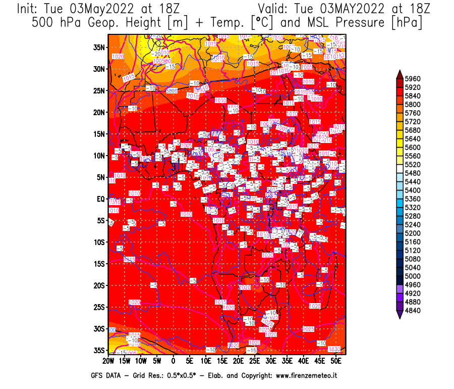 Mappa di analisi GFS - Geopotenziale [m] + Temp. [°C] a 500 hPa + Press. a livello del mare [hPa] in Africa
									del 03/05/2022 18 <!--googleoff: index-->UTC<!--googleon: index-->