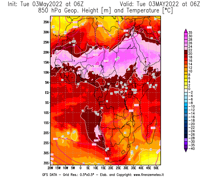 Mappa di analisi GFS - Geopotenziale [m] e Temperatura [°C] a 850 hPa in Africa
									del 03/05/2022 06 <!--googleoff: index-->UTC<!--googleon: index-->