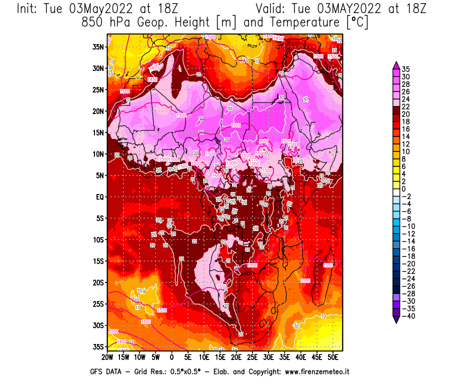 Mappa di analisi GFS - Geopotenziale [m] e Temperatura [°C] a 850 hPa in Africa
									del 03/05/2022 18 <!--googleoff: index-->UTC<!--googleon: index-->