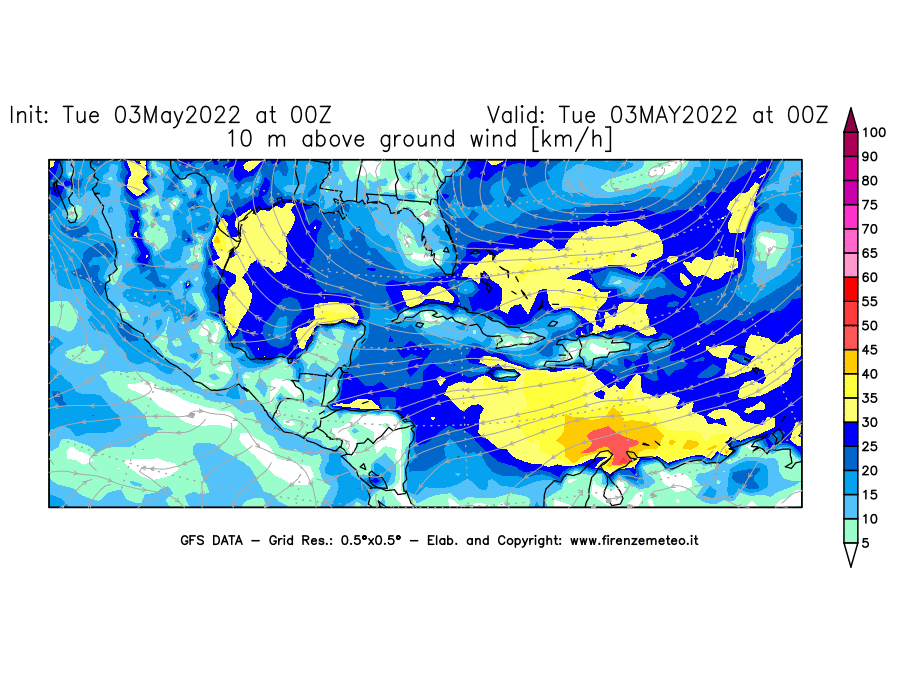 Mappa di analisi GFS - Velocità del vento a 10 metri dal suolo [km/h] in Centro-America
									del 03/05/2022 00 <!--googleoff: index-->UTC<!--googleon: index-->