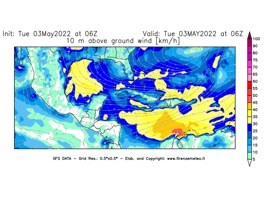 Mappa di analisi GFS - Velocità del vento a 10 metri dal suolo [km/h] in Centro-America
									del 03/05/2022 06 <!--googleoff: index-->UTC<!--googleon: index-->